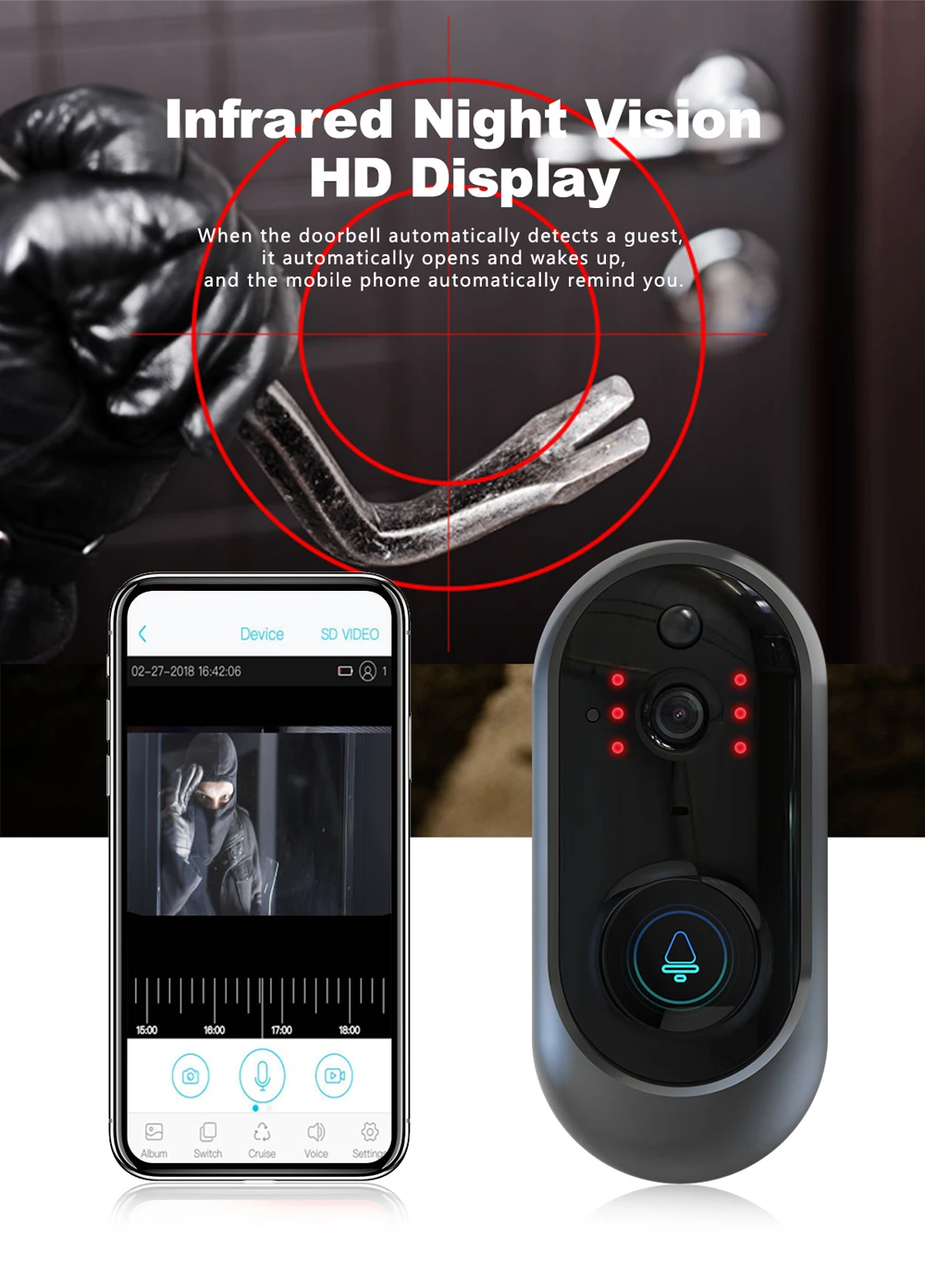 Умный Wifi дверной звонок с камерой кольцо видео 720P домофон для квартиры ИК