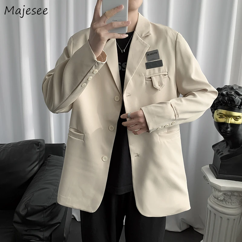 

Trendy Blazers Men Patch Loose Casual Button Long Sleeve European Style Printed Suits Chic Streetwear Students Vintage Ulzzang
