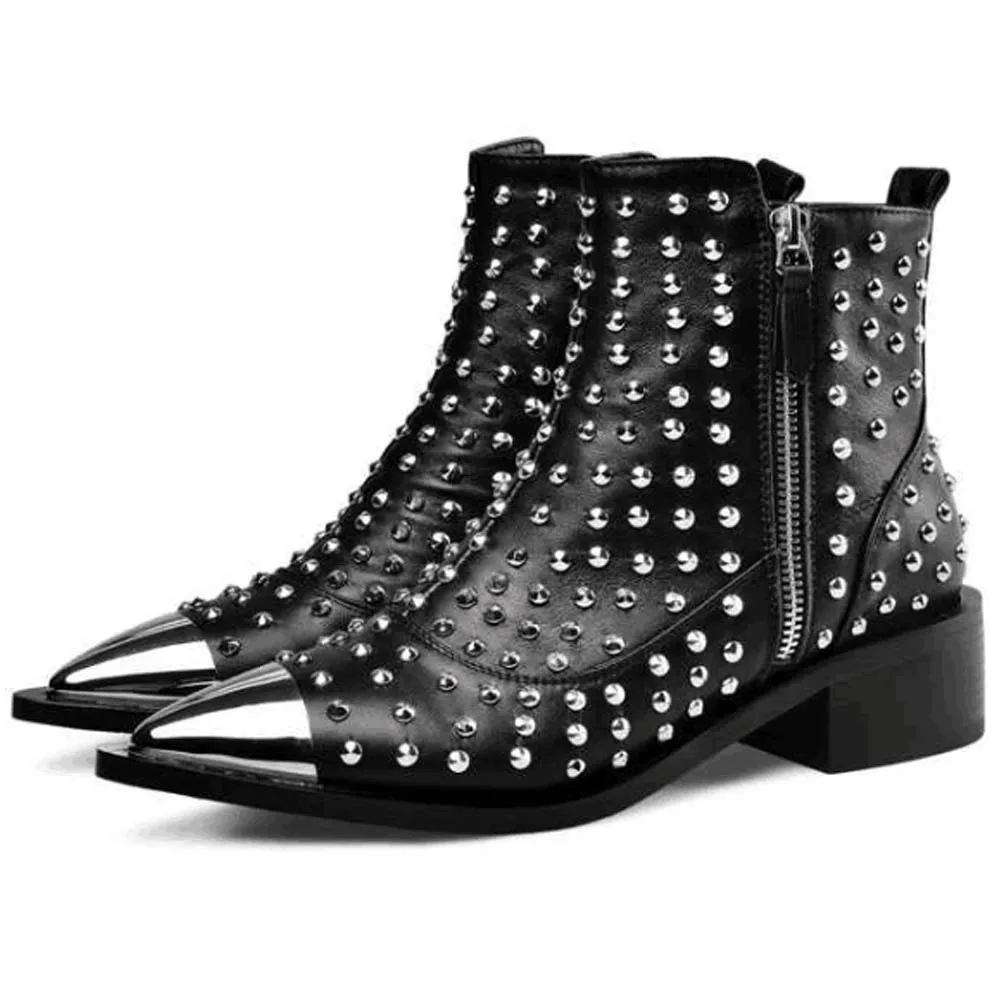 

BONJOMARISA ladies poinyed toe rivet zipper ankle boots low heel punk cool autumn boots women on sale new shoes woman