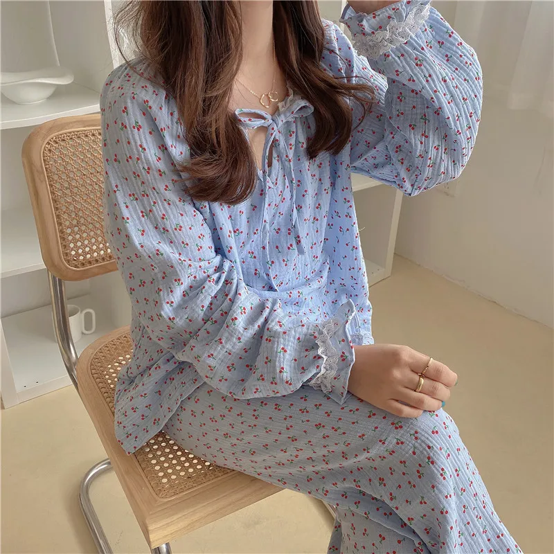 

Cherry Print Autumn Pajamas Set Korean Two Piece Home Suit Shirts + Trousers Set Sleepwear Cotton Home Clothes Homewear Kawaii