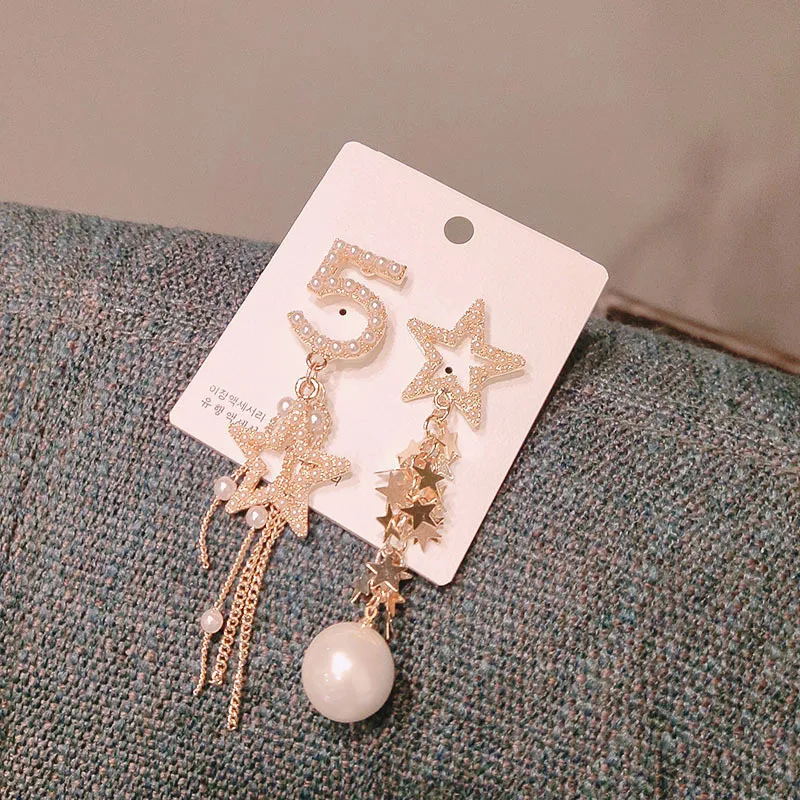 Свадебные модные серьги с жемчугом и кисточками для длинных сережек для женщин. Корейские звезды-капельки с асимметричным украшением.