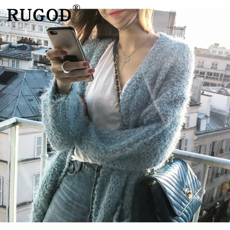 RUGOD элегантный бархатный женский кардиган корейский шик Одноцветный с разрезом
