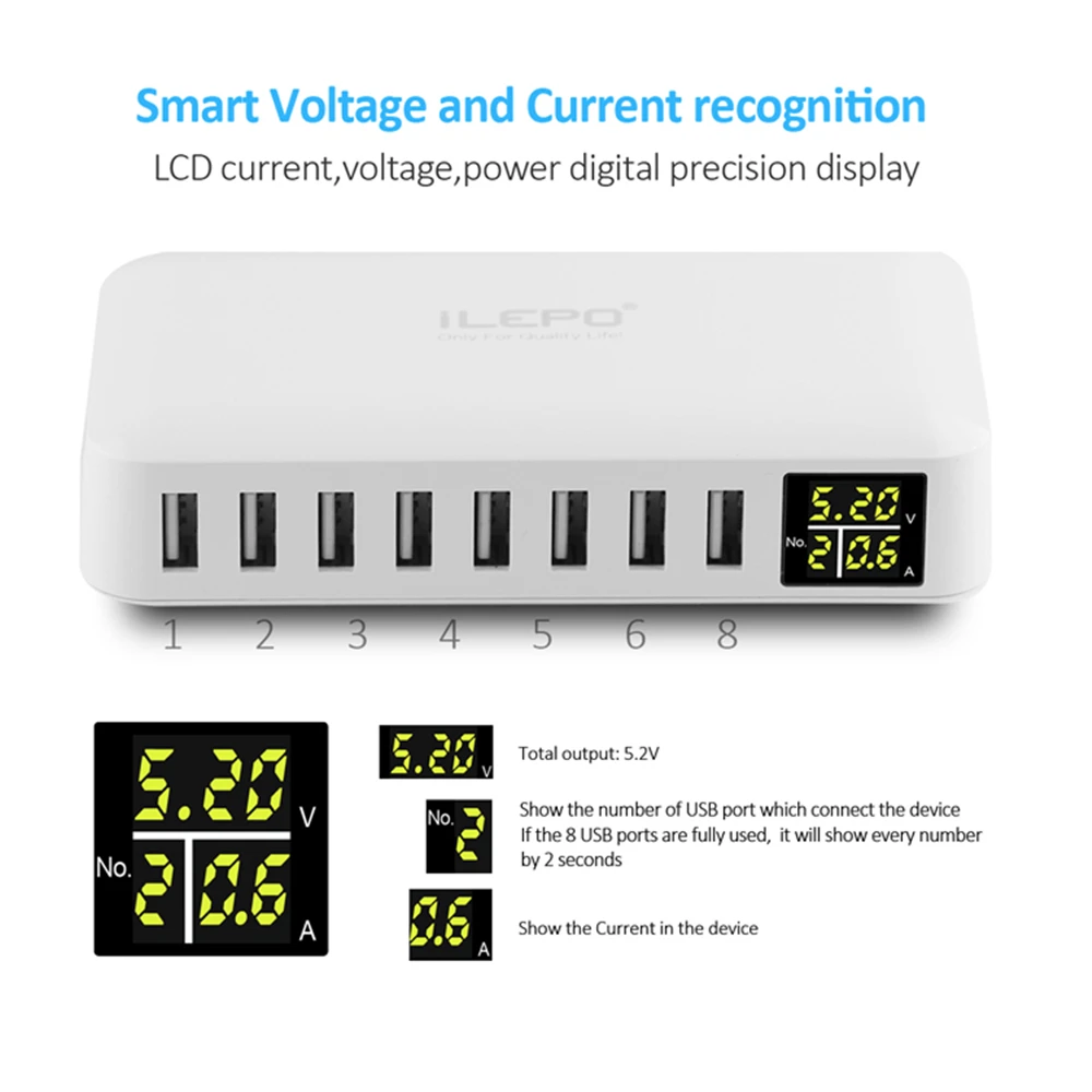 

8 Port USB Charger LCD Display Charging Stations for Multiple Devices Desktop Wall Charger for Laptops Tablets Phones