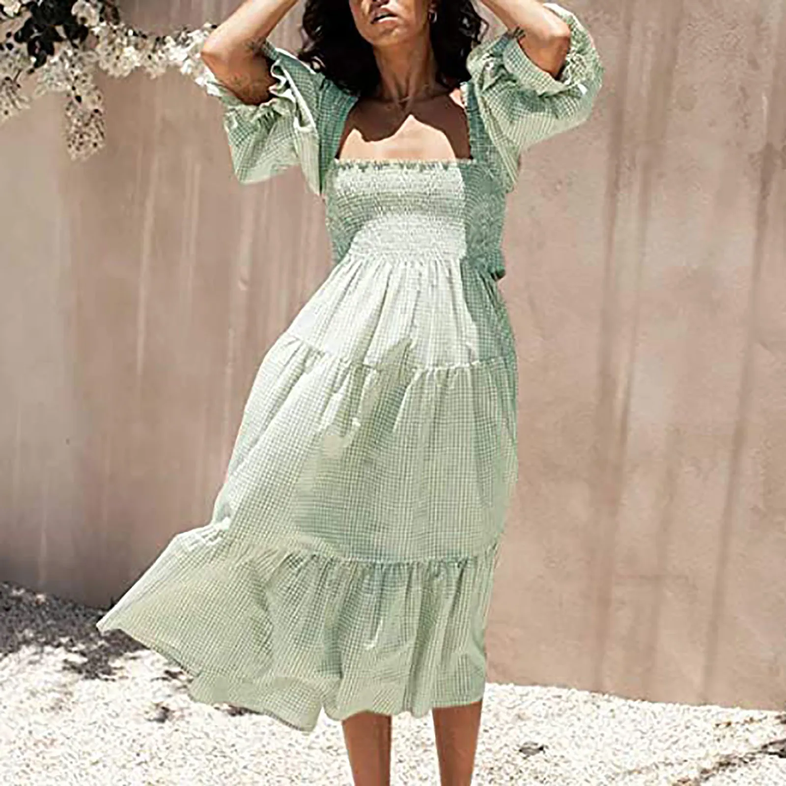 

2021 Elegant Women Maxi Dress Sexy Square Collar Wrap Chest Summer Sundress Casual Ladies Short Sleeve Long Dresses Robe Female