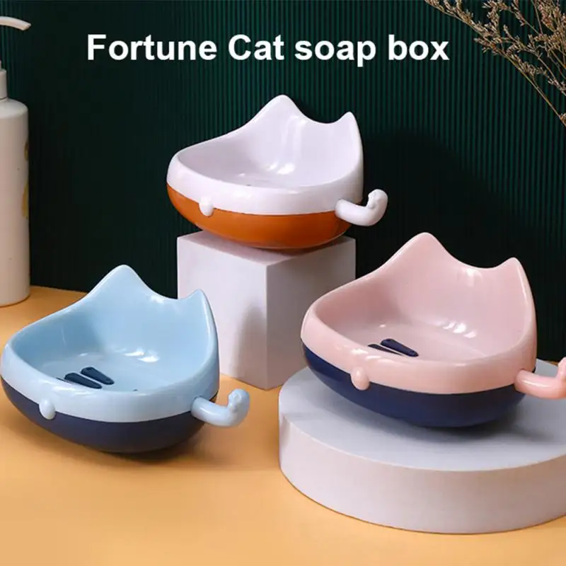 

Cartoon Zhaocai Cat Bathroom Soap Dish Holder Bathroom Soaps Box Storage Shelf Plastic Wall Mounted Draining Organizer Tray