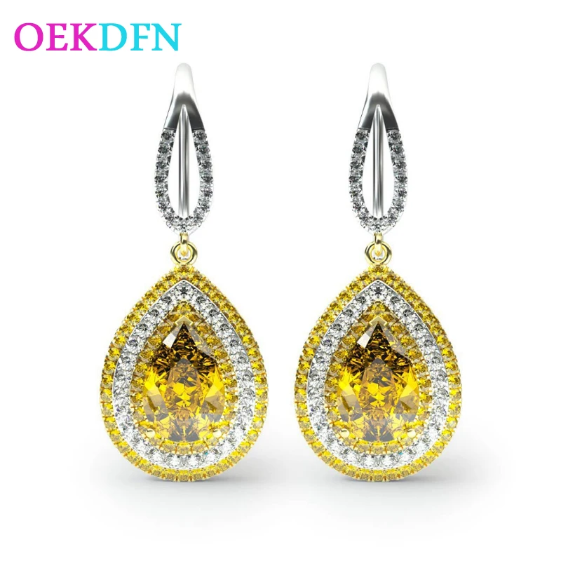 

OEKDFN 100% 925 Sterling Silver Earrings Water Drop Pear Citrine Gemstone Long Drop Dangle Hook Wedding Engagement Earrings
