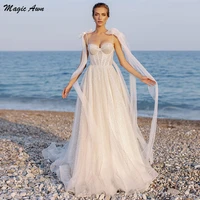 magic awn shiny beach wedding dresses 2021 bow spaghetti straps lace up back glitter boho mariage gowns a line abito da sposa
