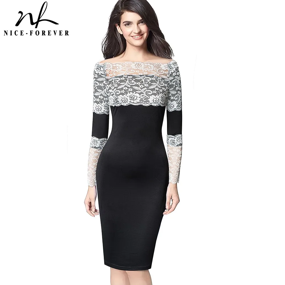 

Nice-forever Spring Women Elegant Lace Patchwork Dresses Business Party Bodycon Slim Tube Dress G756