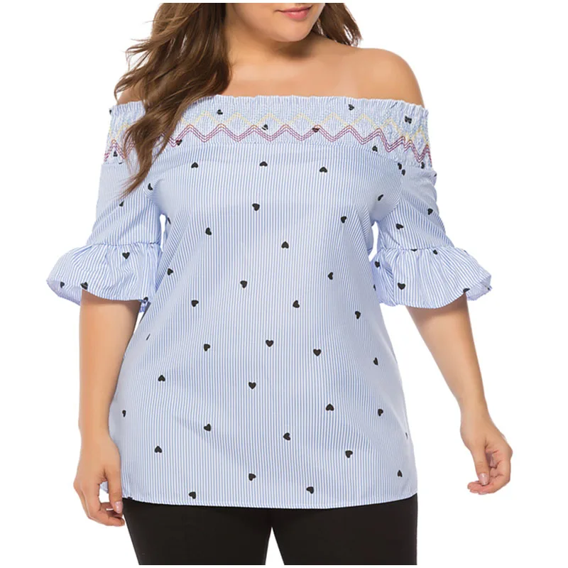 Женские блузки в полоску с оборками размера плюс 3XL 5XL открытыми плечами и