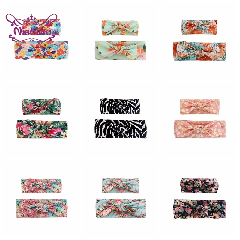 

Nishine Vintage Flowers Pattern Bunny Ears Parent-child Hairband Set Fashion Print Knotted Infant Elastic Headband Photo Props