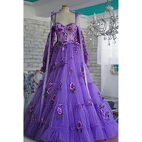 purple beautiful elegant prom dresses long sleeves spaghetti strap sweetheart flowers appliques women party tulle ball gowns