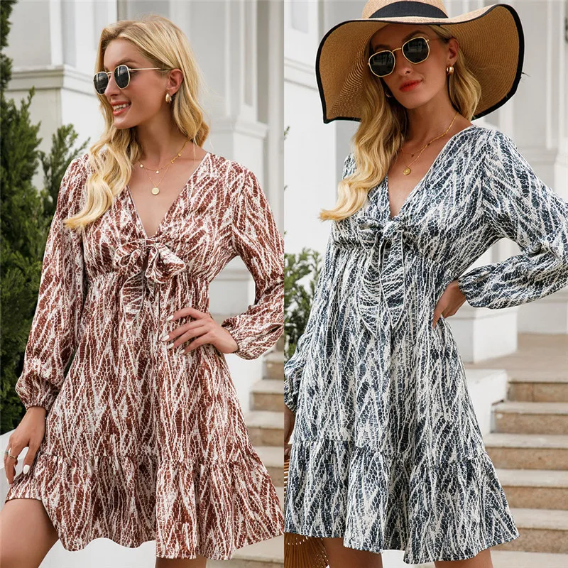 

Sexy High Waist V-Neck Print Women Dress Fashion Bow Full Sleeve Autumn Dress Slim Casual Holiday Vestido A-Line Streetwear Robe