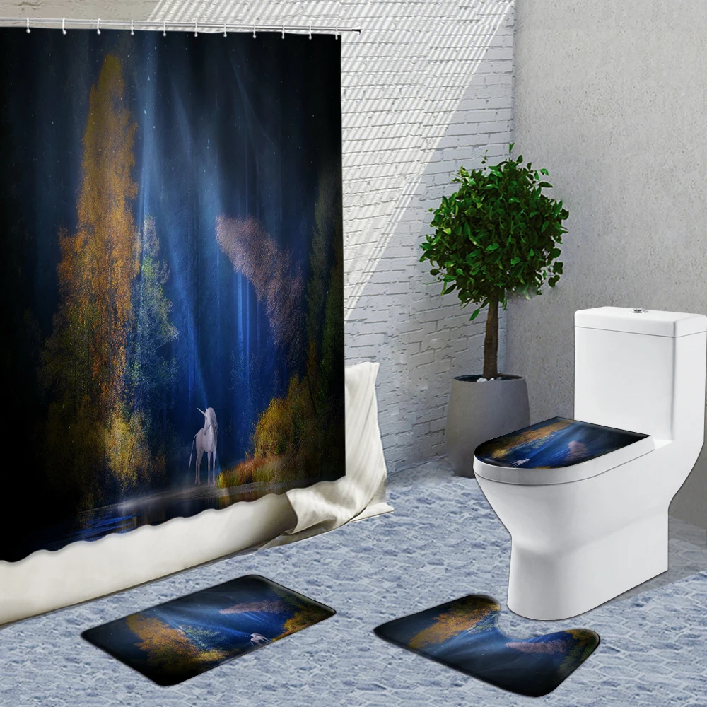 

Green Forest Shower Curtain 4-Piece Set 3D Fantasy Landscape Living Room Bedroom Wall Decor Doormat Bath Curtains Non-Slip Rug