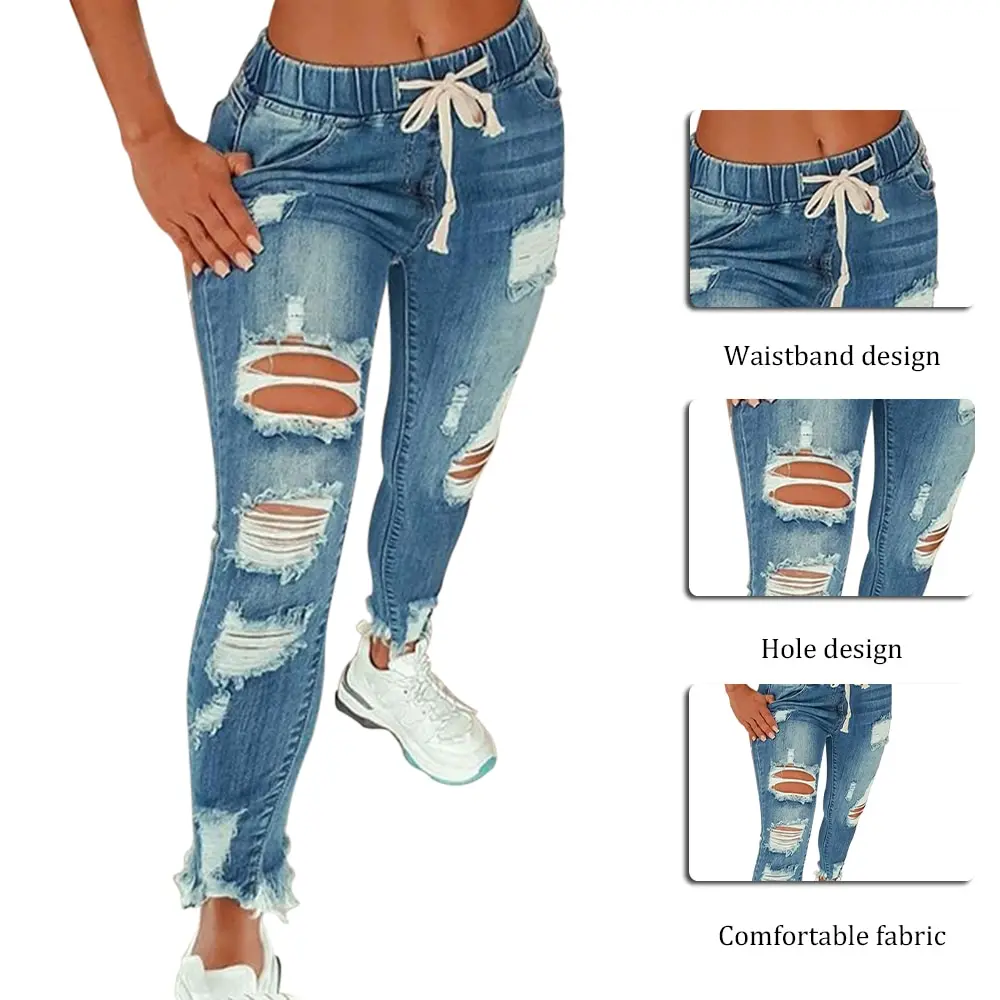 

Women Drawstring Denim Jeans 2021 New Fashion Ripped Hole Stretch Ladies Jean Pants Casual Plus Size Pencil Pants Trousers