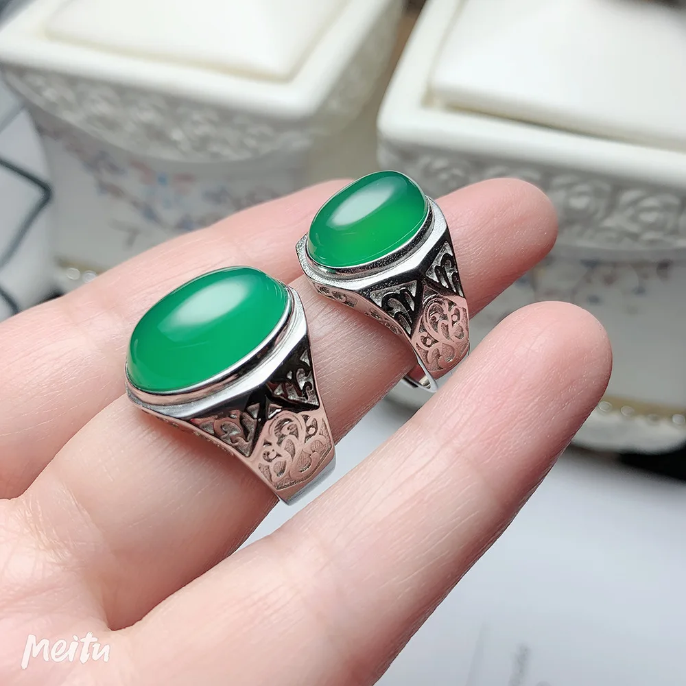 

Fashionable new natural green jade Caibao's new 100% real 925 silver ring for men inlaid green chalcedony men's rings