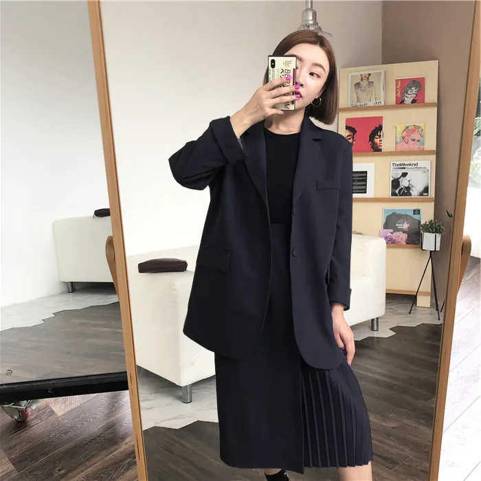 Большие размеры, XL-5XL, женские костюмы, комплект с юбкой высокого качества, модный длинный свободный блейзер с длинными рукавами, модная плиссированная юбка, костюм из двух предметов