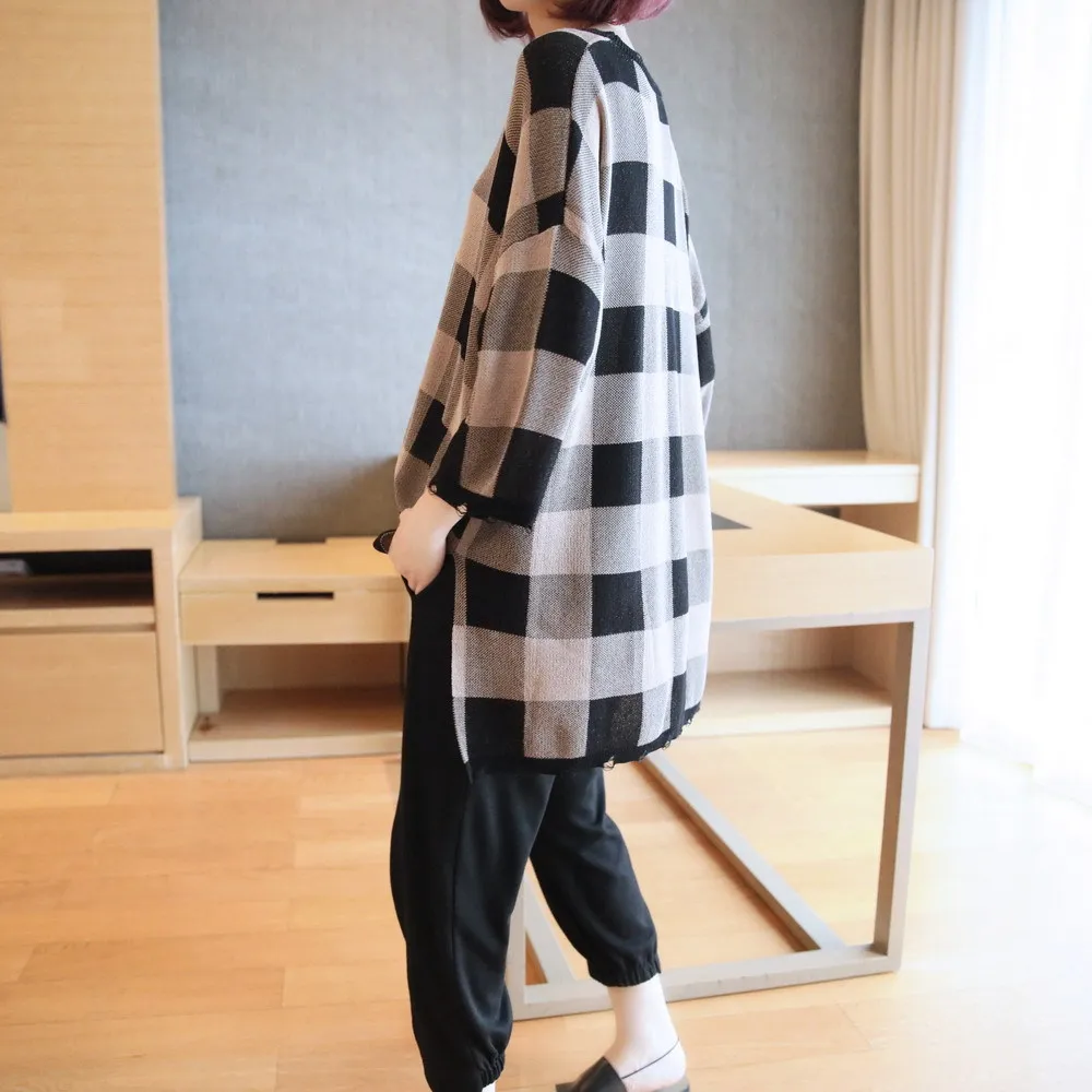 

Mid-length Loose-Fit Korean-style Viscose Sweater Women's Spring Tops Front Short Long Back Plaid Sweater