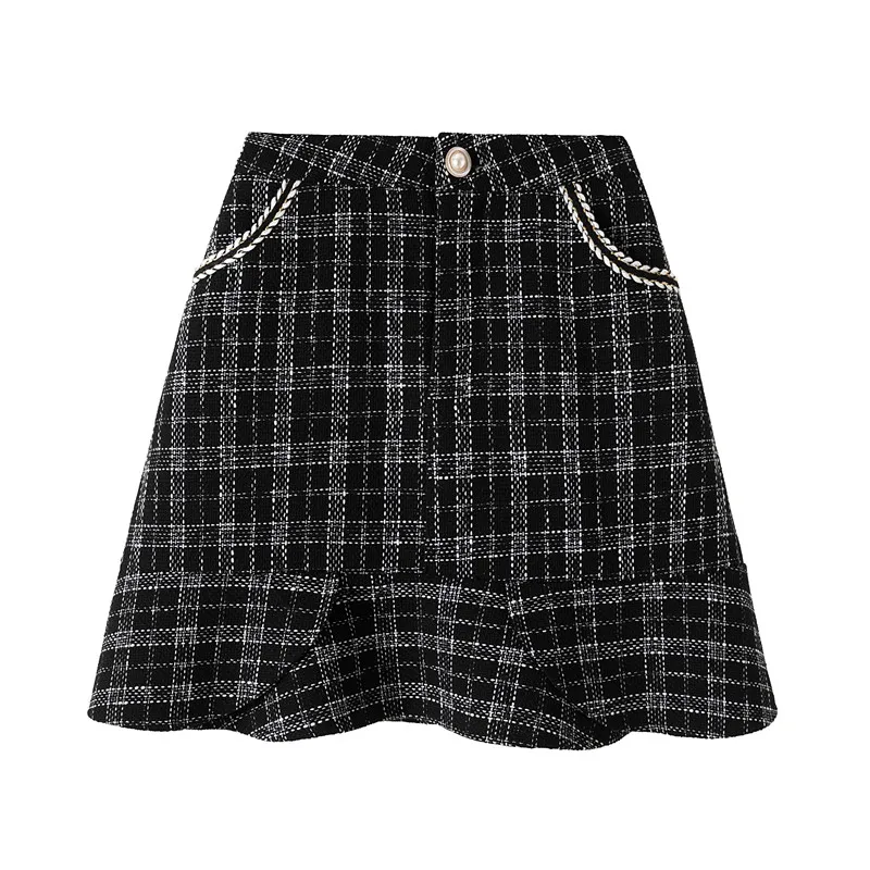 

for women's autumn / winter 2020 high waist Plaid A-line fishtail skirt with ruffle hem and hip covering short skirt
