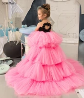 new puffy high low style flower girl dress black sequins pink tiered skirt sheer neck baby girl teens birthday dress party gown