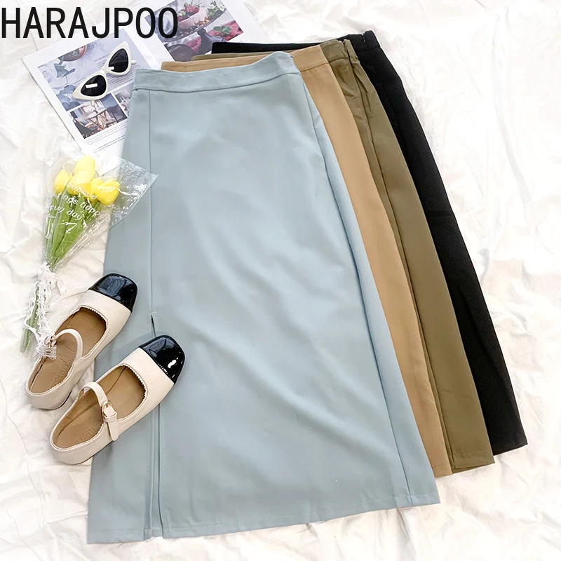 Женская Однотонная юбка Harajpoo корейская мода с Боковым Разрезом осень 2021 новая