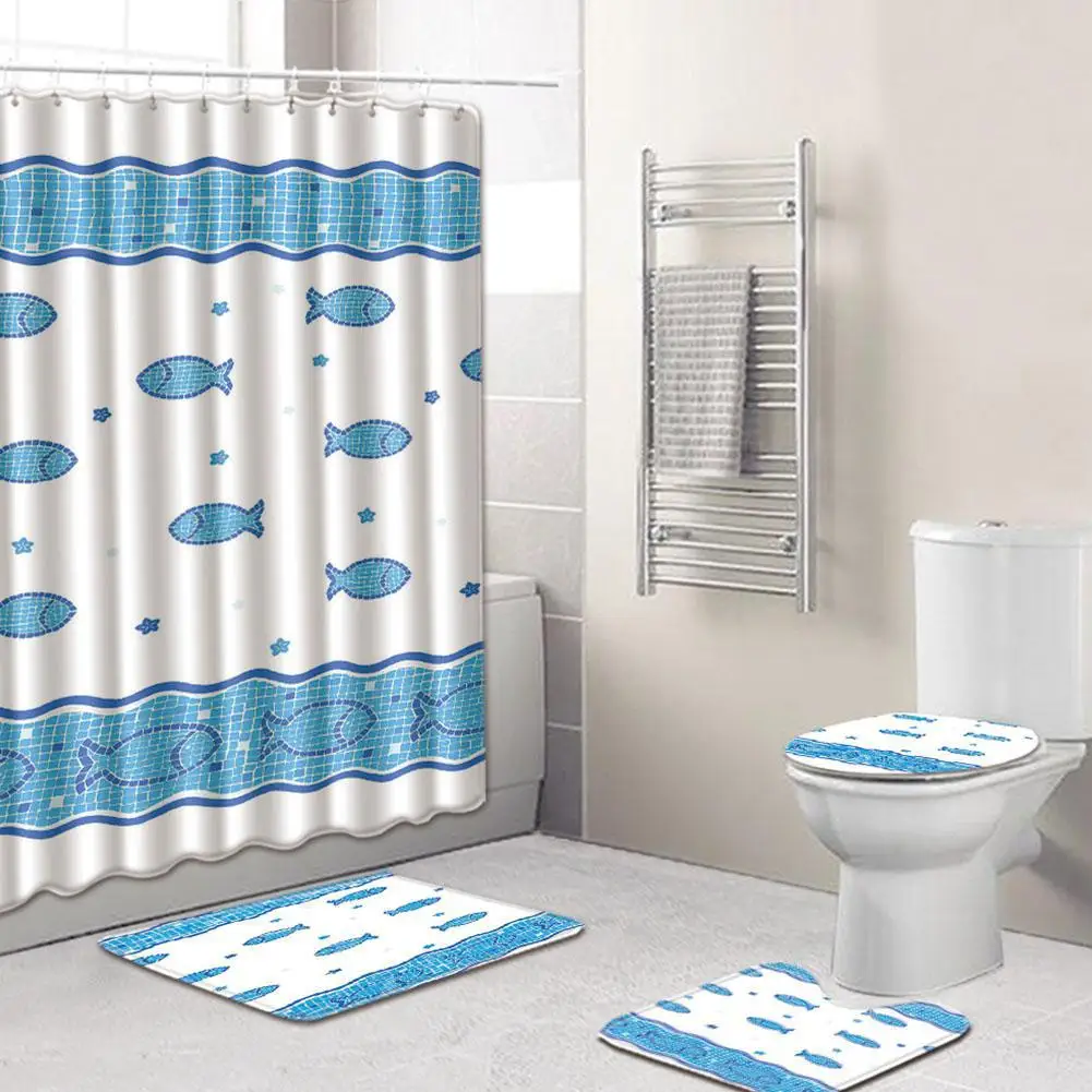 4 шт./компл. с простой печатью занавески для душа + напольный коврик чехол унитаза
