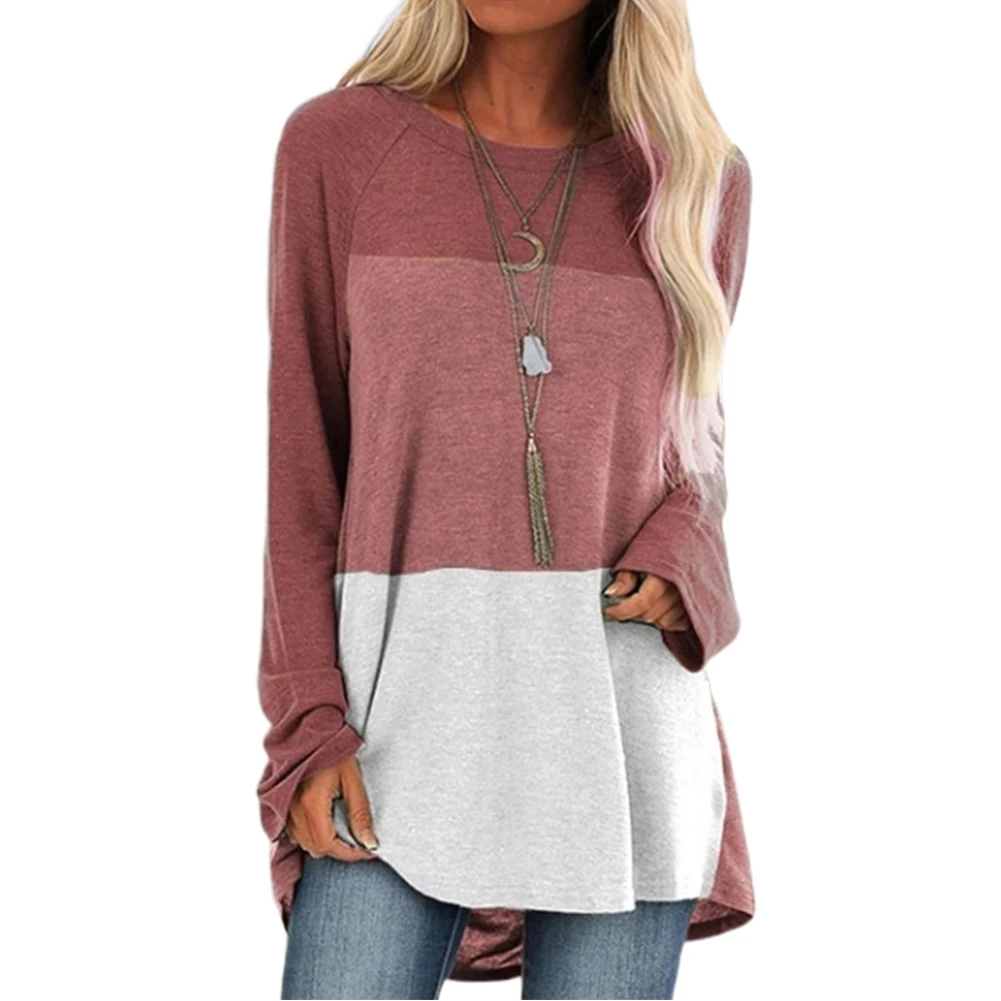 

Loose Autumn Winter Long Sleeve Stitching Color Streetwear Shopping Daily Home Office Warm Casual Women T-shirt Crew Neck Tops