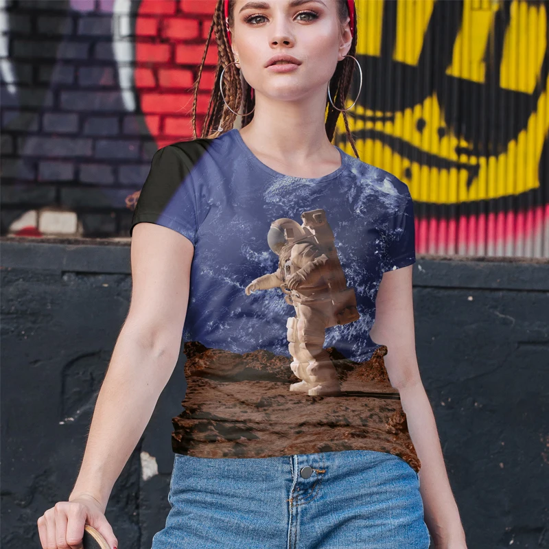 

Plus size women's 2021 new summer astronaut 3D printed T-shirt casual short-sleeved o-neck street top 6XL plus size T-shirt top