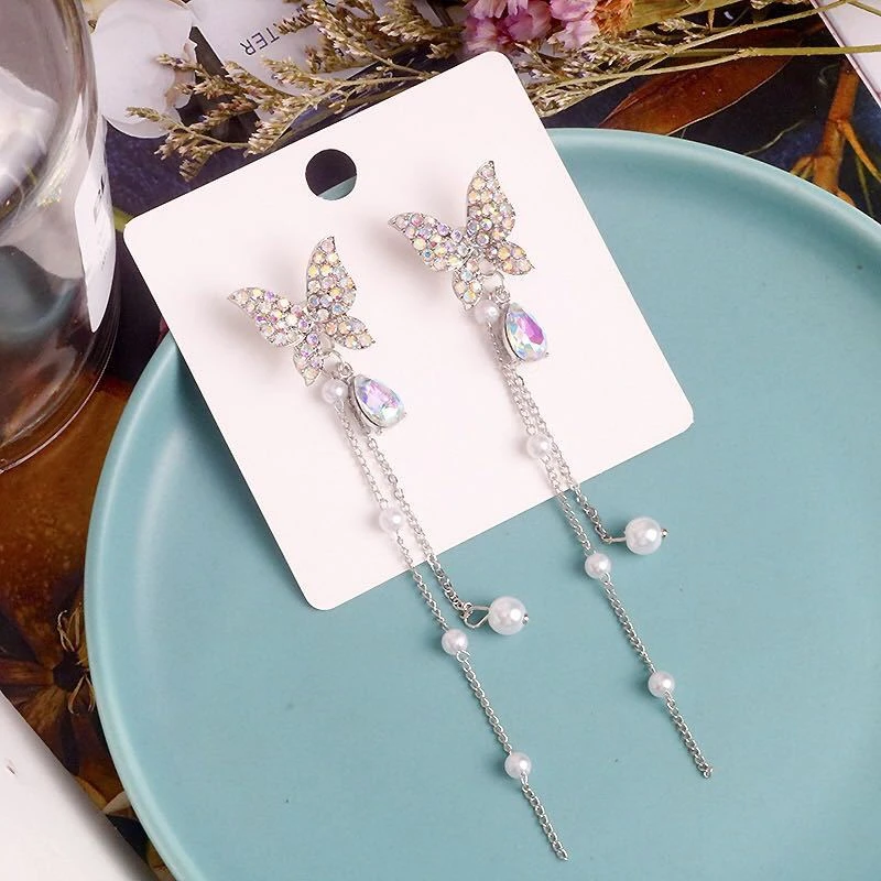

Fashion Irregular Design Crystal Butterfly Tassel Earrings Silver Color Stud Earring Drop Ear Jewelry Gift