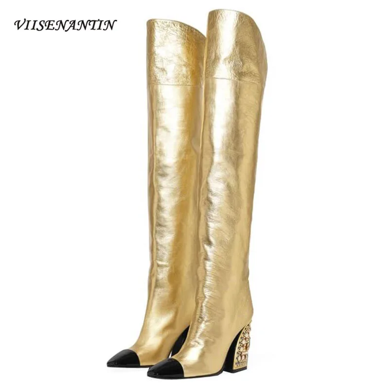 

Женские сапоги на высоком каблуке viisenentin, новинка 2019, модные сапоги, модные женские золотистые сапоги с длинными трубками, рыцарские сапоги, ...