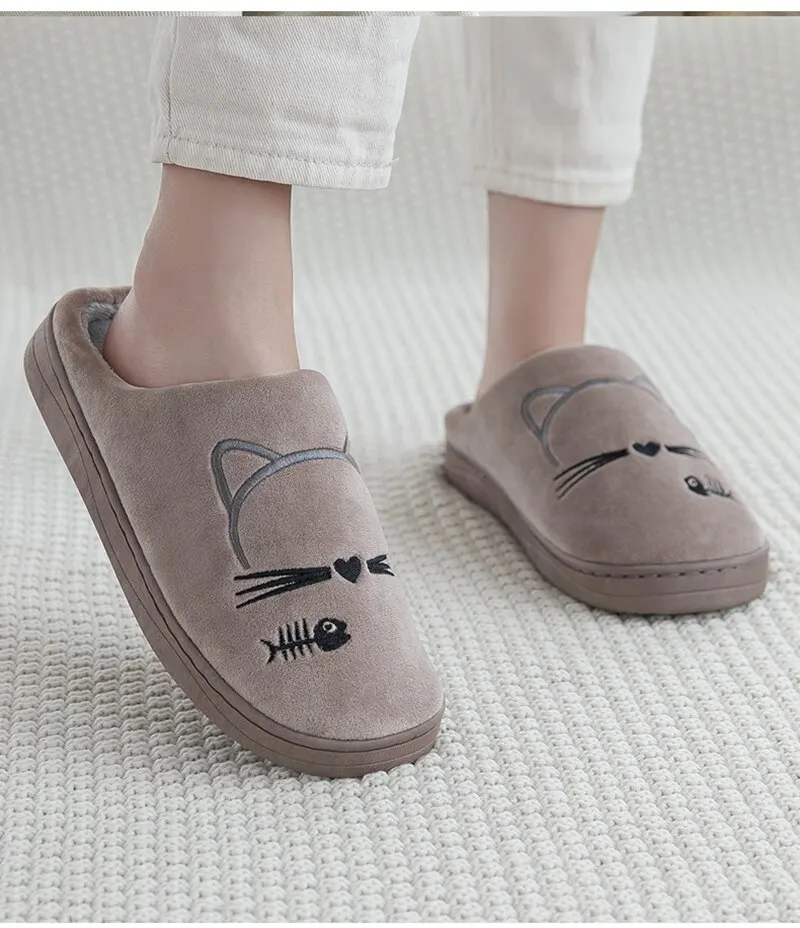 Women Winter Home Slippers Cartoon Cat Shoes Non-slip Soft Warm House Slippers Indoor Bedroom Lovers Couples Shoes