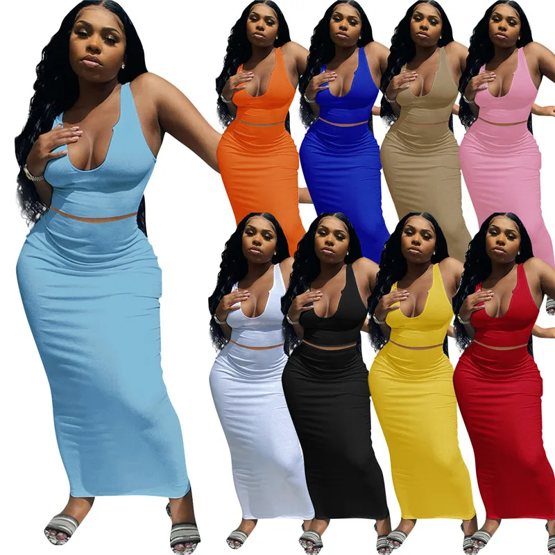 

Summer Sleeveless Streetwear Soild Bodycon 2 Two Piece Sets Women Crop Top Midi Skirts Suits Casual Party Matching Sets M0499