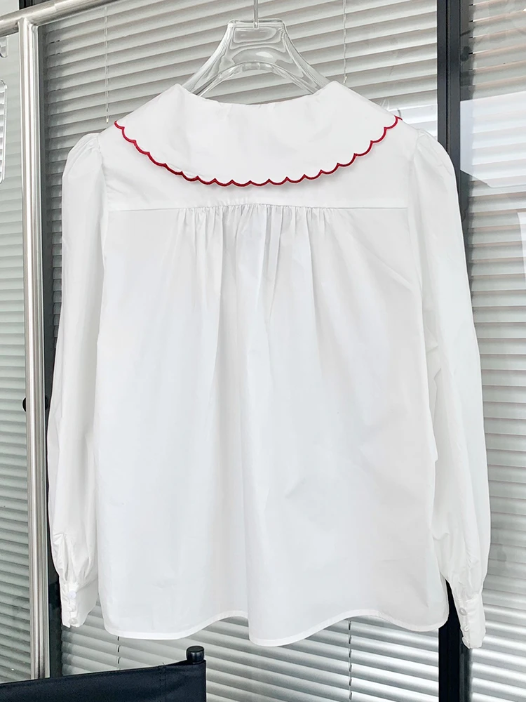 

French Vintage Flower Embroidery Lace V-Neck White Shirt Women Cotton Long-Sleeved Doll Collar 2021 Spring New All-Match Blouse