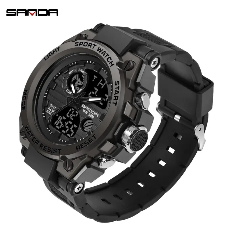 all black Sanda золотые мужские модные многофункциональные электронные уличные спортивные часы с двойным дисплеем водонепроницаемые светящиеся цифровые часы - Цвет: all black