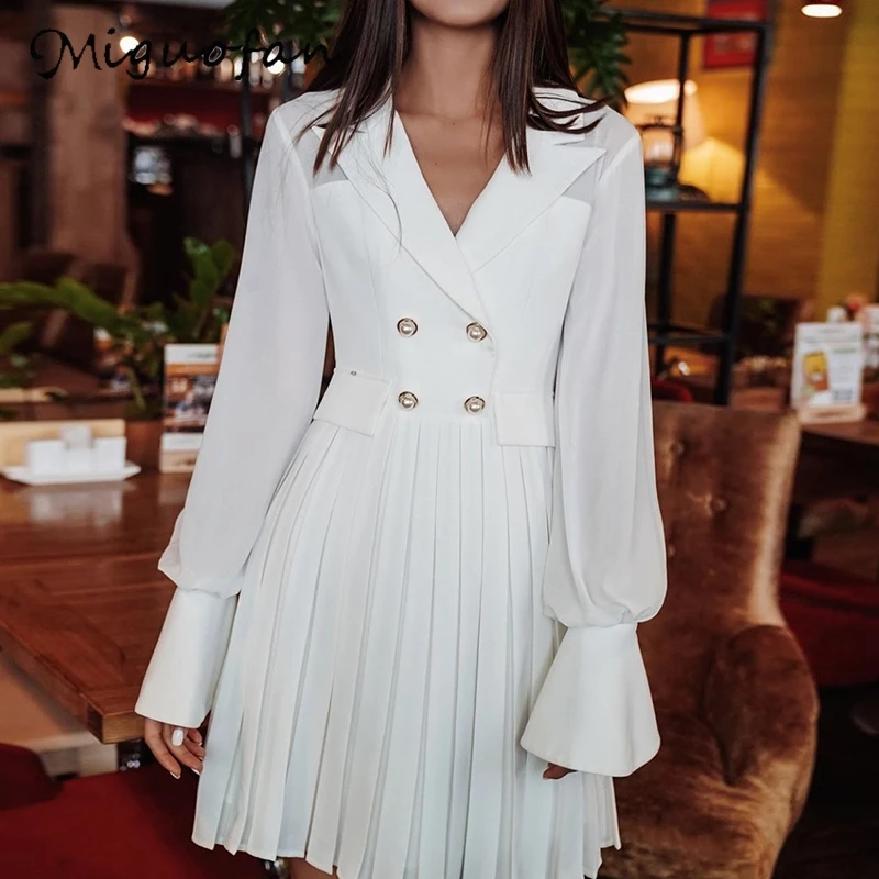 Miguofan women blazer dresses pleated button white dress office lady vintage flare long sleeve vestidos female robe | Женская одежда