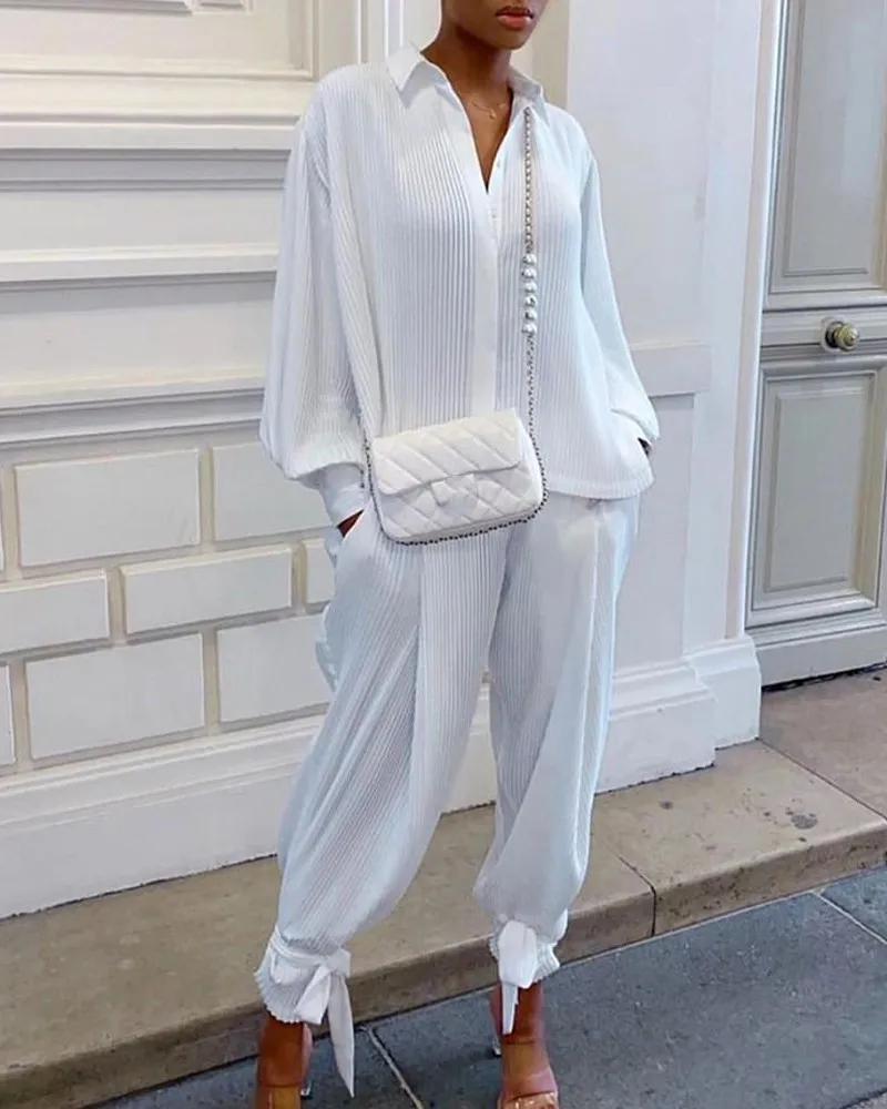 

Two Piece Set Women Tops Pants Tracksuits Casual Solid Suit Long Sleeve V-neck Shirt Loose Long Pants Ropa Mujer