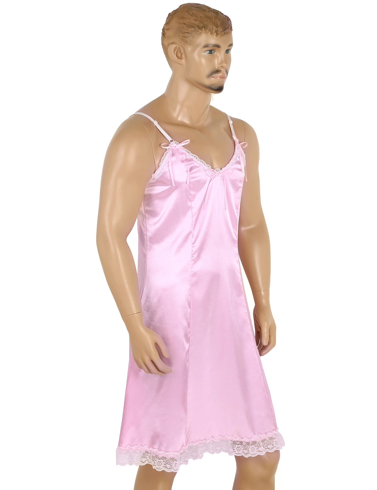 Mens Lingerie Dress Sissy Satin Lace Slip Gay Sexy Pink Costume Pajamas Nightwear Underwear | Мужская одежда