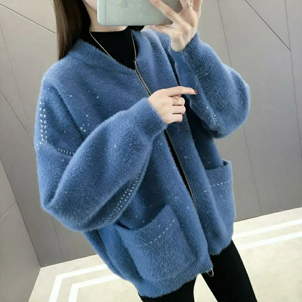 

2021 Autumn Winter Women Imitation Mink Velvet Loose Sweater Lady Warm Solid Cashmere Knit Cardigan Female O-neck Cardigan L759