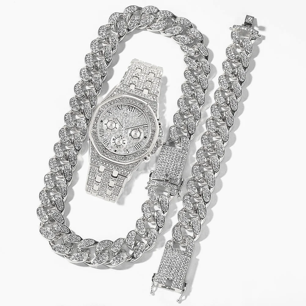 

Necklace+Watch+Bracelet Hip Hop Miami Cuban Link Chain Iced Out Watch Mens Hip Hop Jewelry Set Rhinestone African Jewelry Choker
