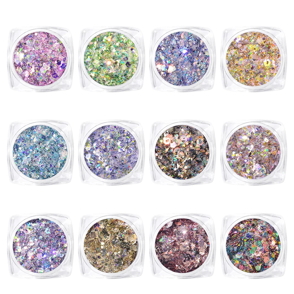 12 смешанных цветов Лоскутная блестящая для ногтей Блестки Дизайн дизайна DIY