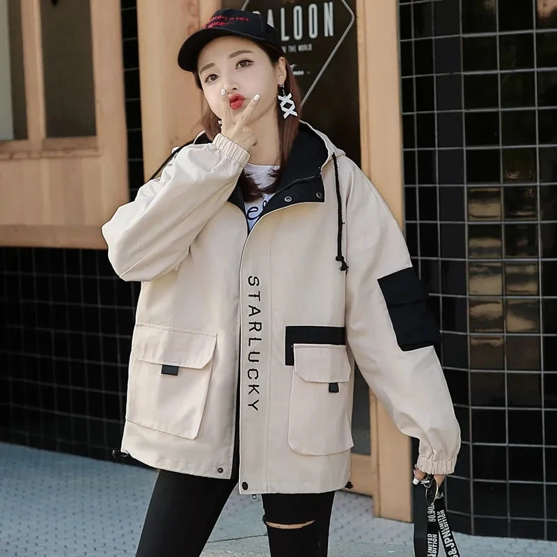 

Autumn New Women Jacket Windbreaker Harajuku Streetwear Fashion Loose Hooded Long Sleeved Casual Trench Coat Outerwear Chaquetas