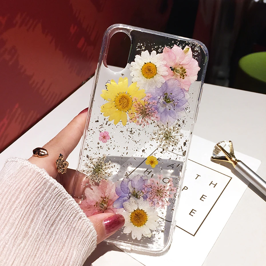 

Dried Flower Silver foil Clear Phone Cases For iPhone 12 11 Pro Max XS Max XR X 6 6S 7 8 Plus SE Soft Silicone Cover