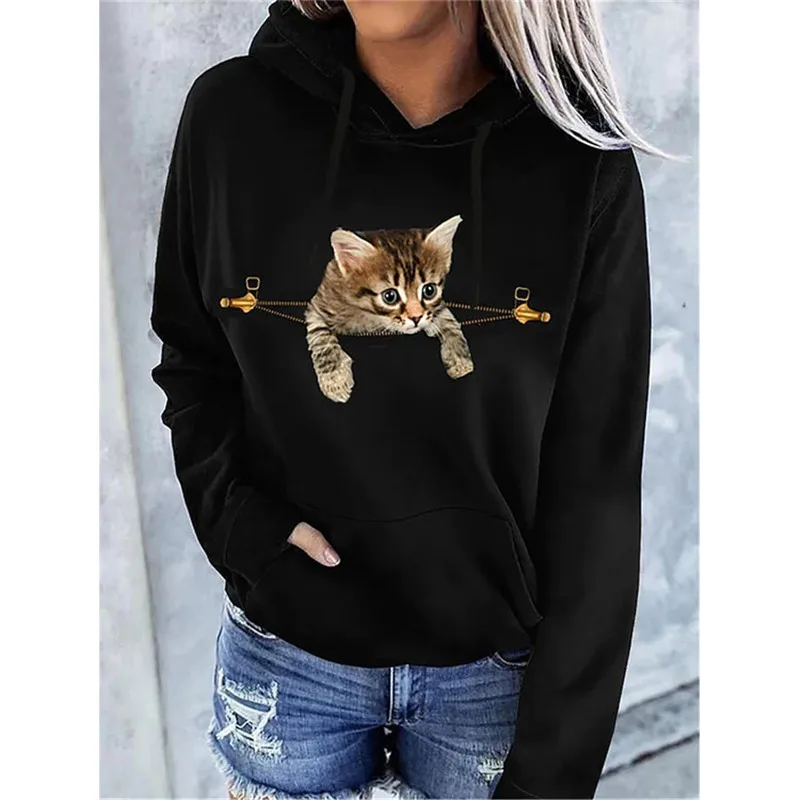 

3D Cartoon Cat Printed Women Hoodies Casual Long Sleeve Sweatshirt Kangaroo Pocket Drawstring Hoodes Top Fashion Lady Streetwear