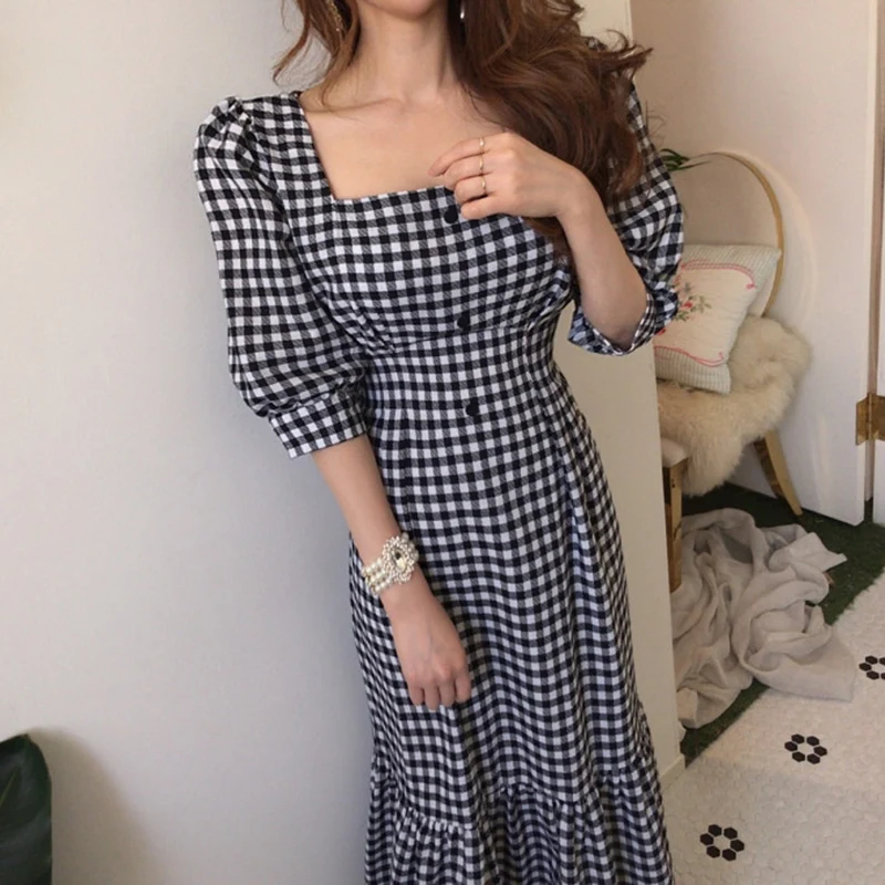 

Women Dress 2021 Women Clothes Korean Retro Style Square Neck Plaid Waist Show Thin Bubble Sleeve Long Fishtail Dresses