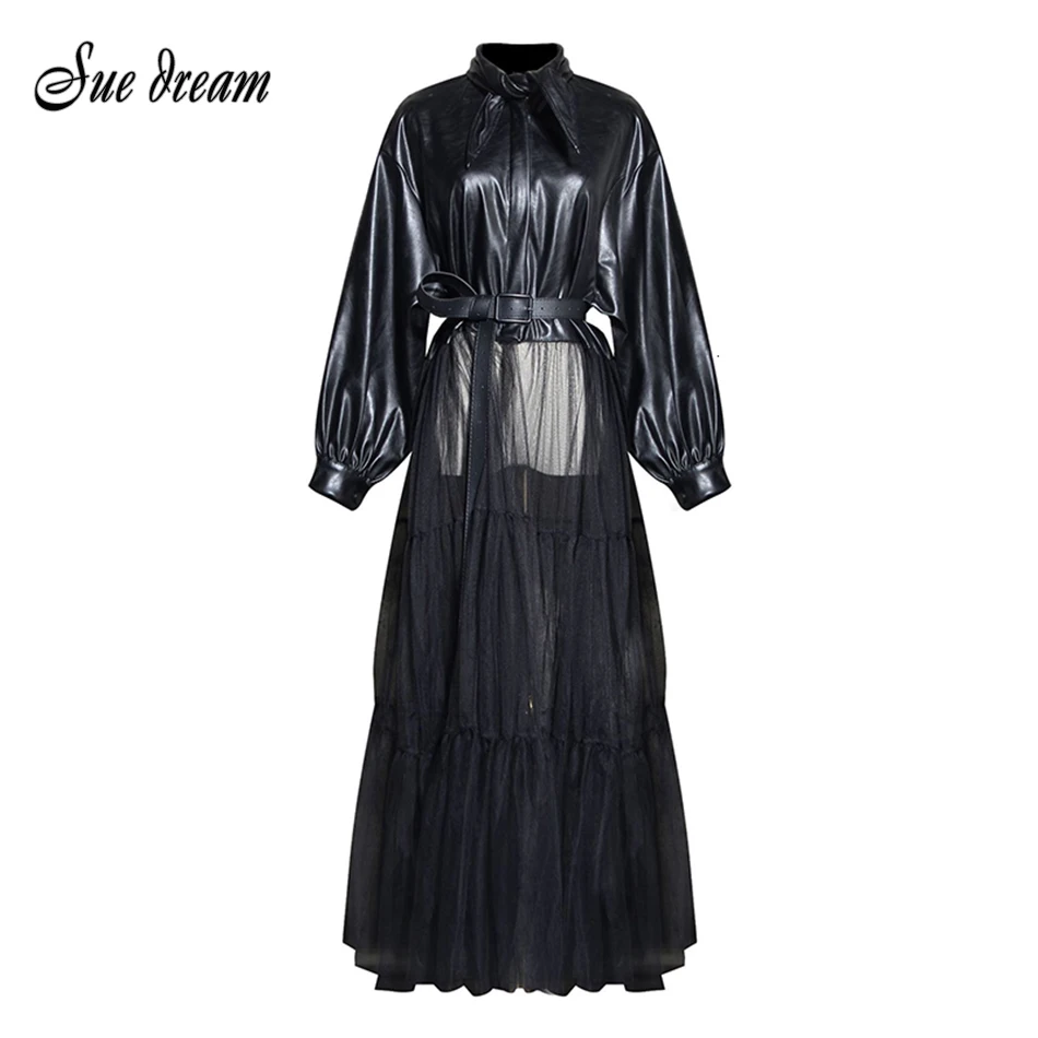 Женское черное лоскутное пальто из искусственной кожи Сетчатое Привлекательное