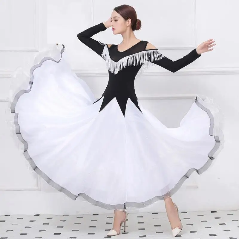 

New Women Standard Ballroom Dress Tassel Dance Dress Ballroom Dance Competition Dresses White Ballroom Waltz Rumba Dance Wear