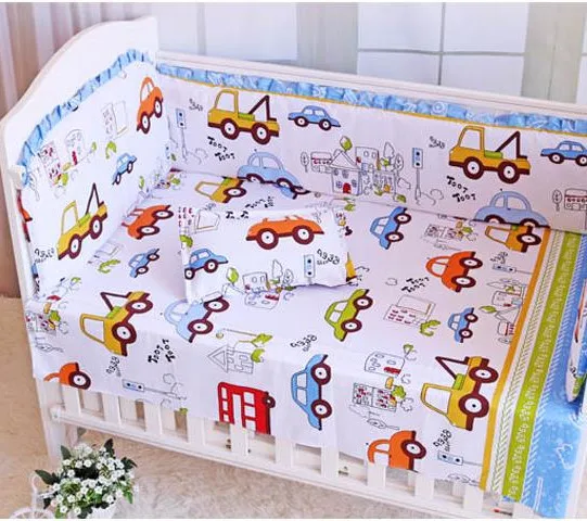 

6PCS Car 100% Cotton cot nursery Baby Cot Set Crib Bedding Soft Comfortable Newborn cama bebe (4bumpers+sheet+pillow cover)