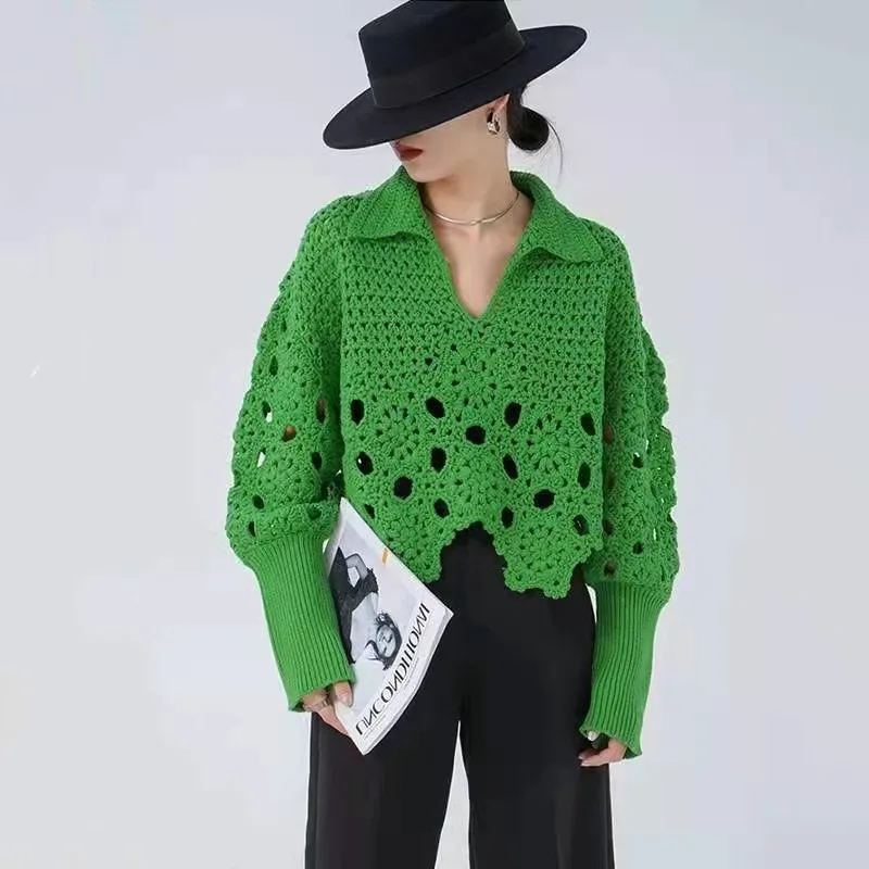 

Limiguyue Асимметричные вязаные джемперы с крючком, женский свитер с отложным воротником, свободные шикарные Короткие топы с длинным рукавом ...