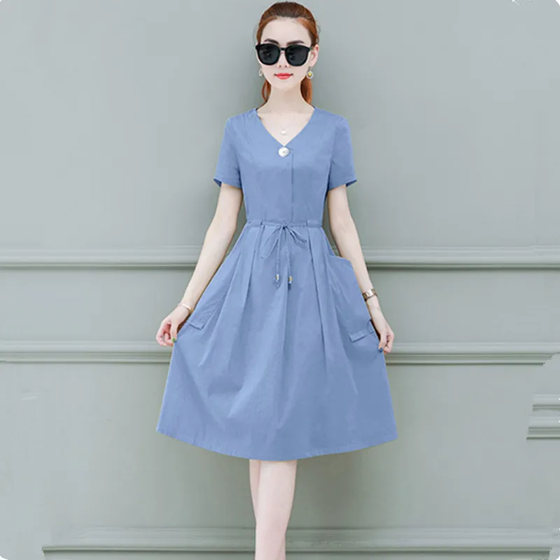 

UHYTGF Women dress Korean casual Plus size dresses for women short sleeve beach elegant dress temperament bandage dress Women940