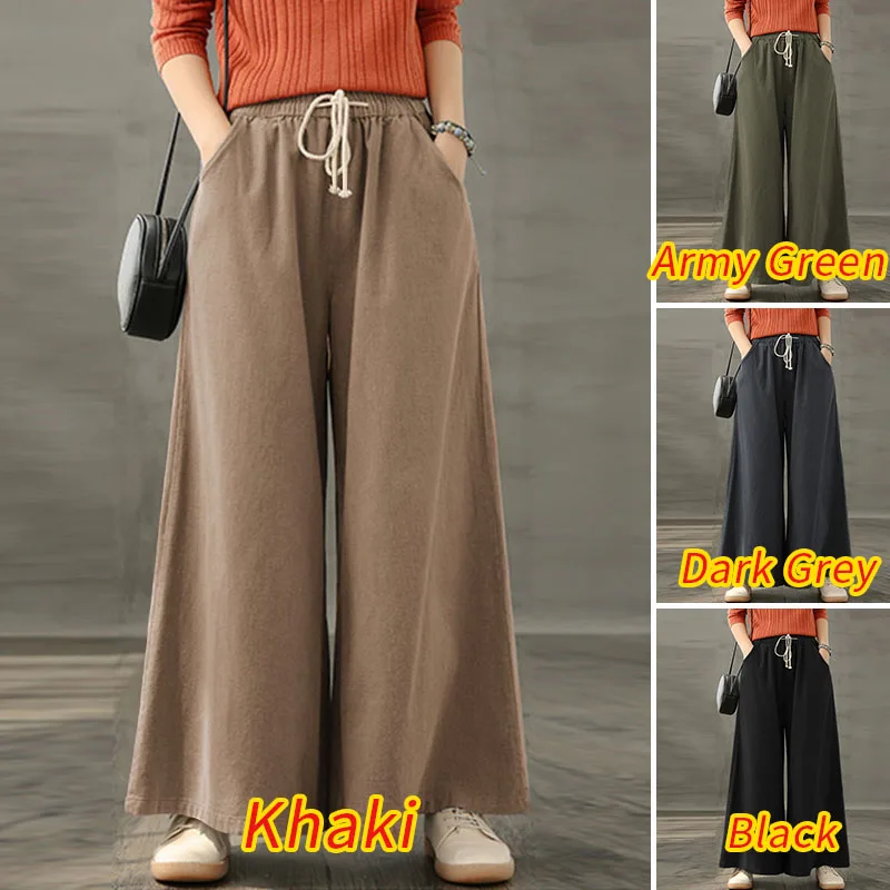 

Summer Casual Loose Drawstring Wide-Leg Trousers Cotton Elastic Waist Pants Vintage Long Pantalon Pantalon Women 2021 ZANZEA 5XL