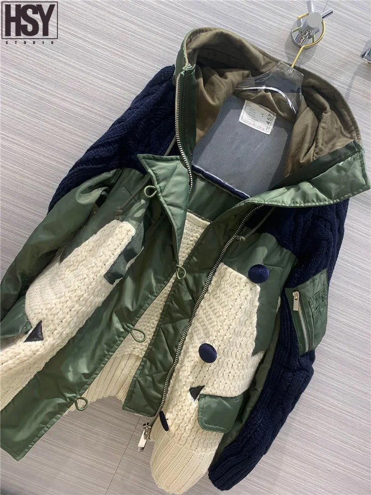 【HSY】2019 Осень Зима Новая Женская Лоскутная куртка мешковатая грубая вязаная